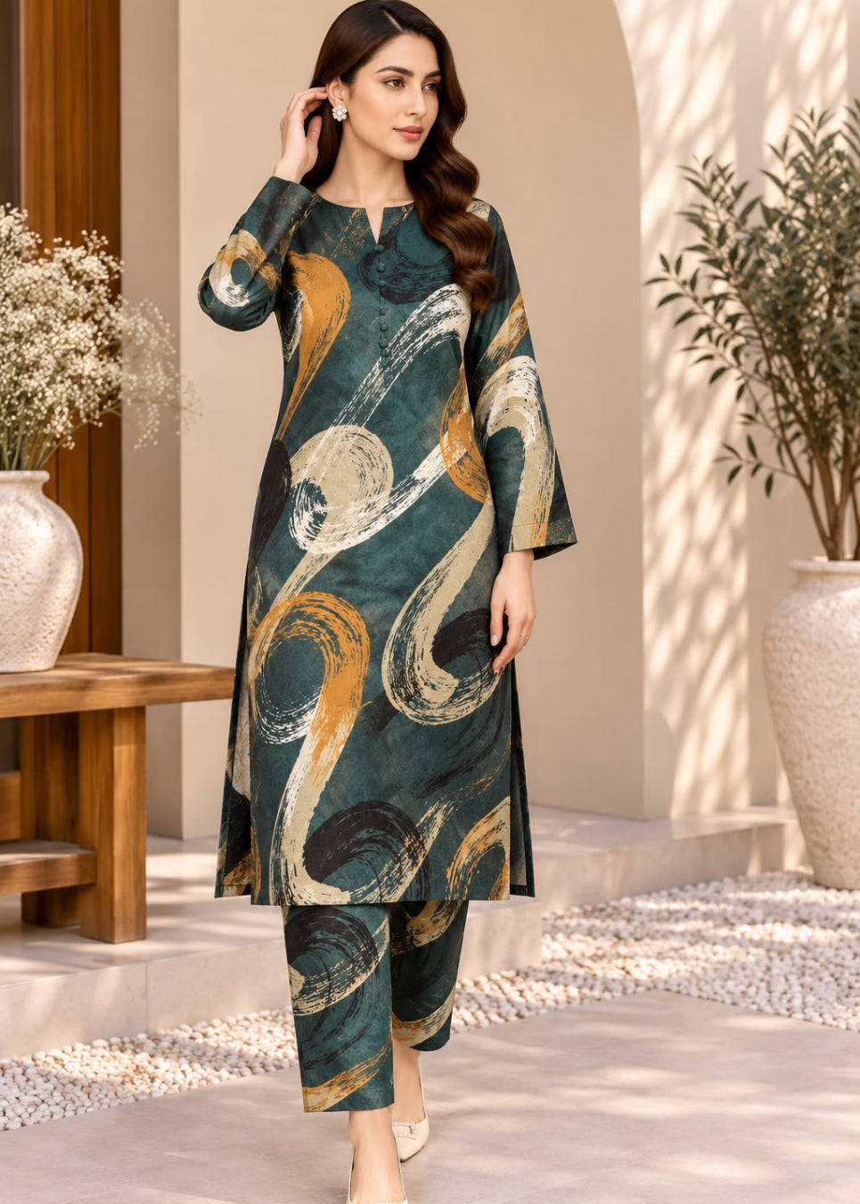 A woman models a dark teal green kurta set with a gold, beige, and black abstract brushstroke pattern, paired with matching trousers, in a styled indoor courtyard setting.