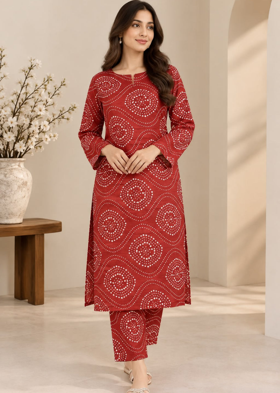 A woman modeling a red three-piece kurta set with white circular bandhani-style patterns, standing in a warm beige interior setting.