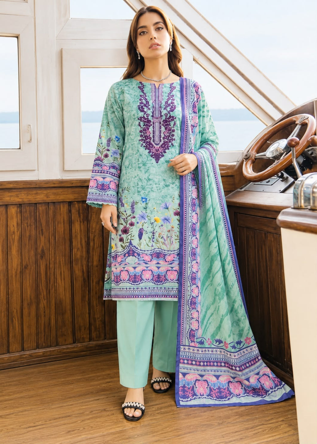 A woman stands on a boat deck wearing a mint green three-piece traditional outfit with purple and pink floral embroidery and prints, paired with matching pants and a dupatta.