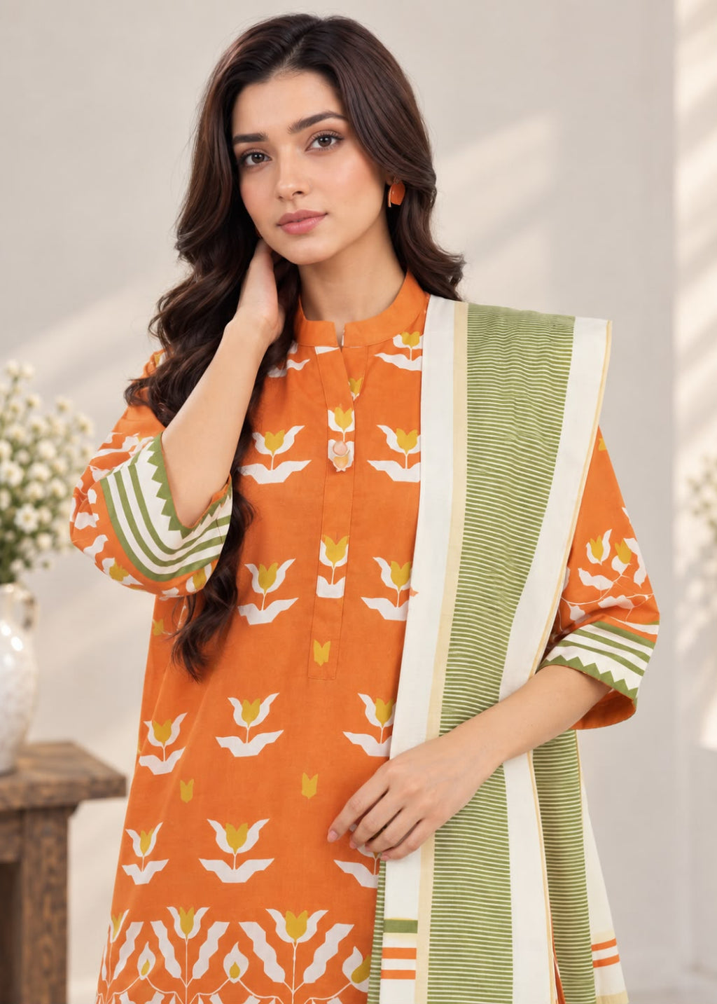 A woman modeling a bright orange kurta with white and yellow floral prints, paired with a green and white striped dupatta, set against a softly lit neutral indoor background.