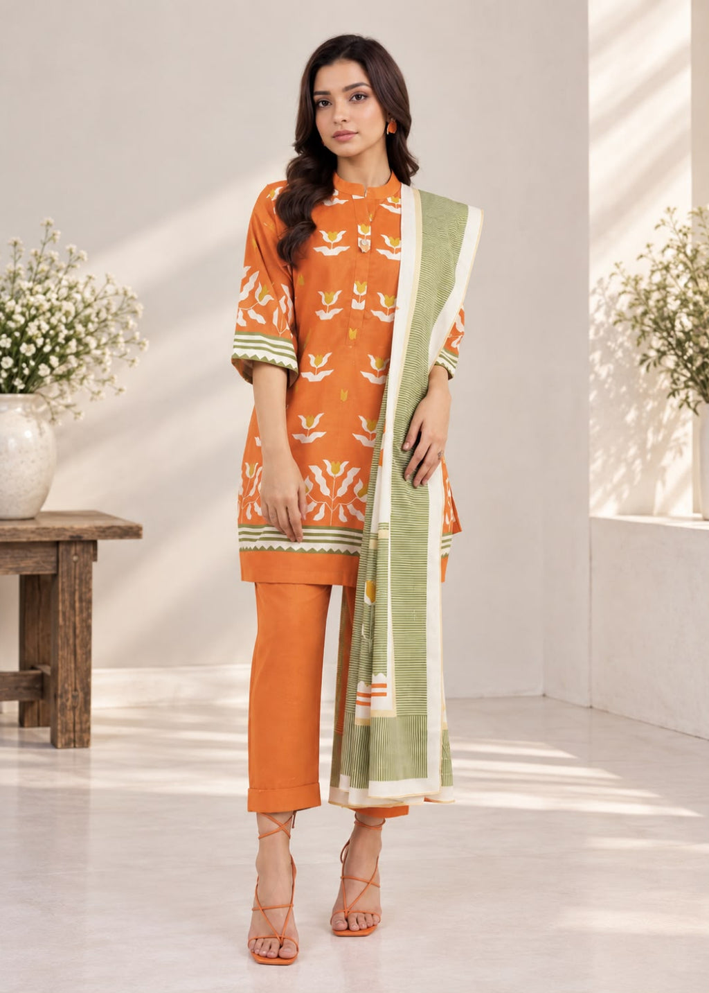 A woman models a three-piece Indian ethnic suit set consisting of an orange kurta with white floral prints, matching orange trousers, and a sage green dupatta with white borders, set against a bright, sunlit studio background.