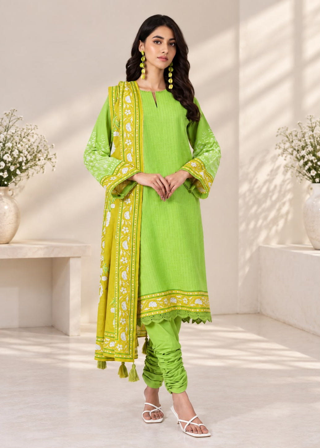 A woman models a bright lime green ethnic three-piece suit set, featuring a kurta with matching printed dupatta and pleated pants, set against a warm, sunlit studio background.