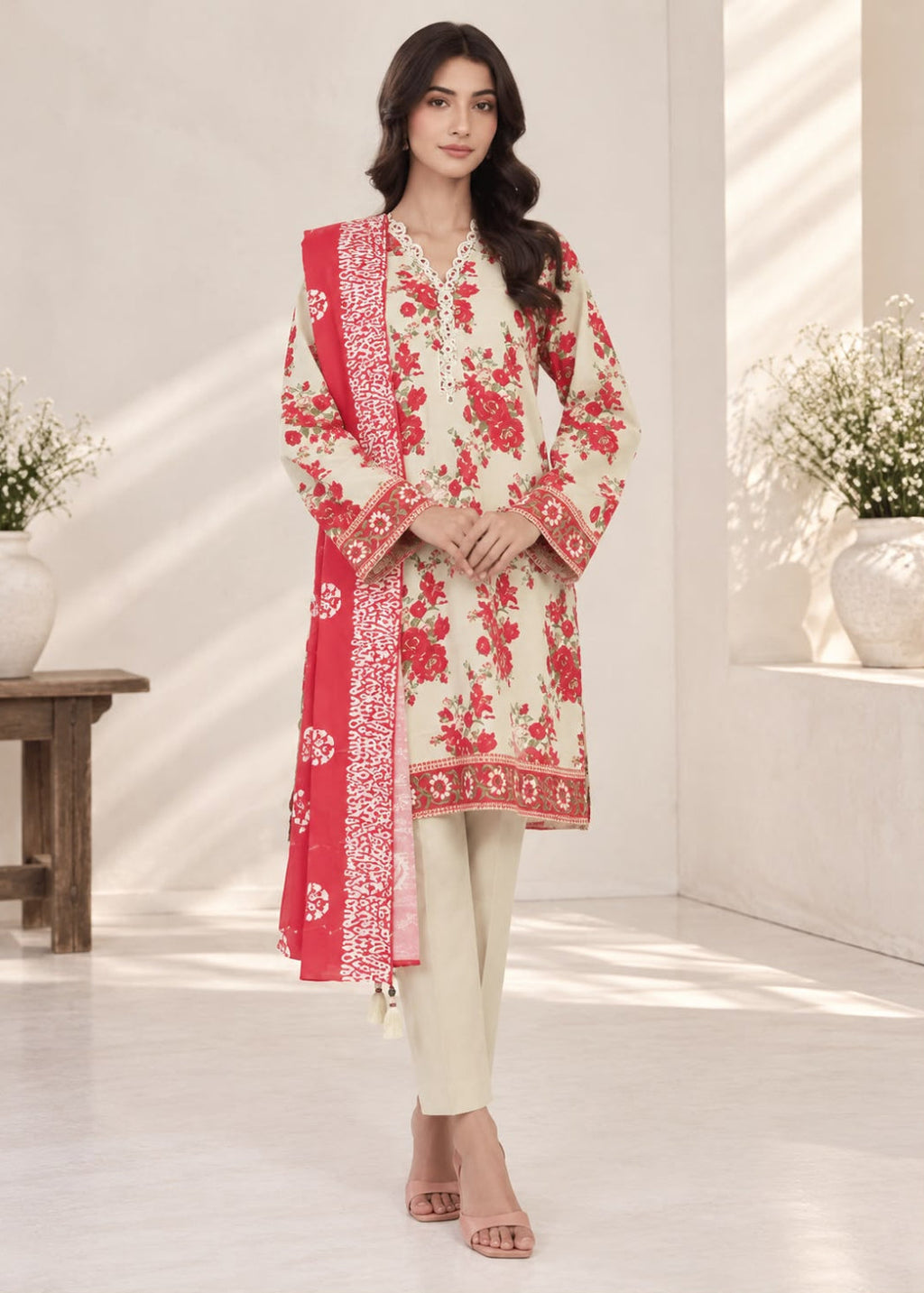 A woman modeling a traditional three-piece salwar kameez suit in a bright, modern indoor setting. The set features an off-white kurta with red floral prints and a red border, paired with a matching red dupatta and off-white trousers.