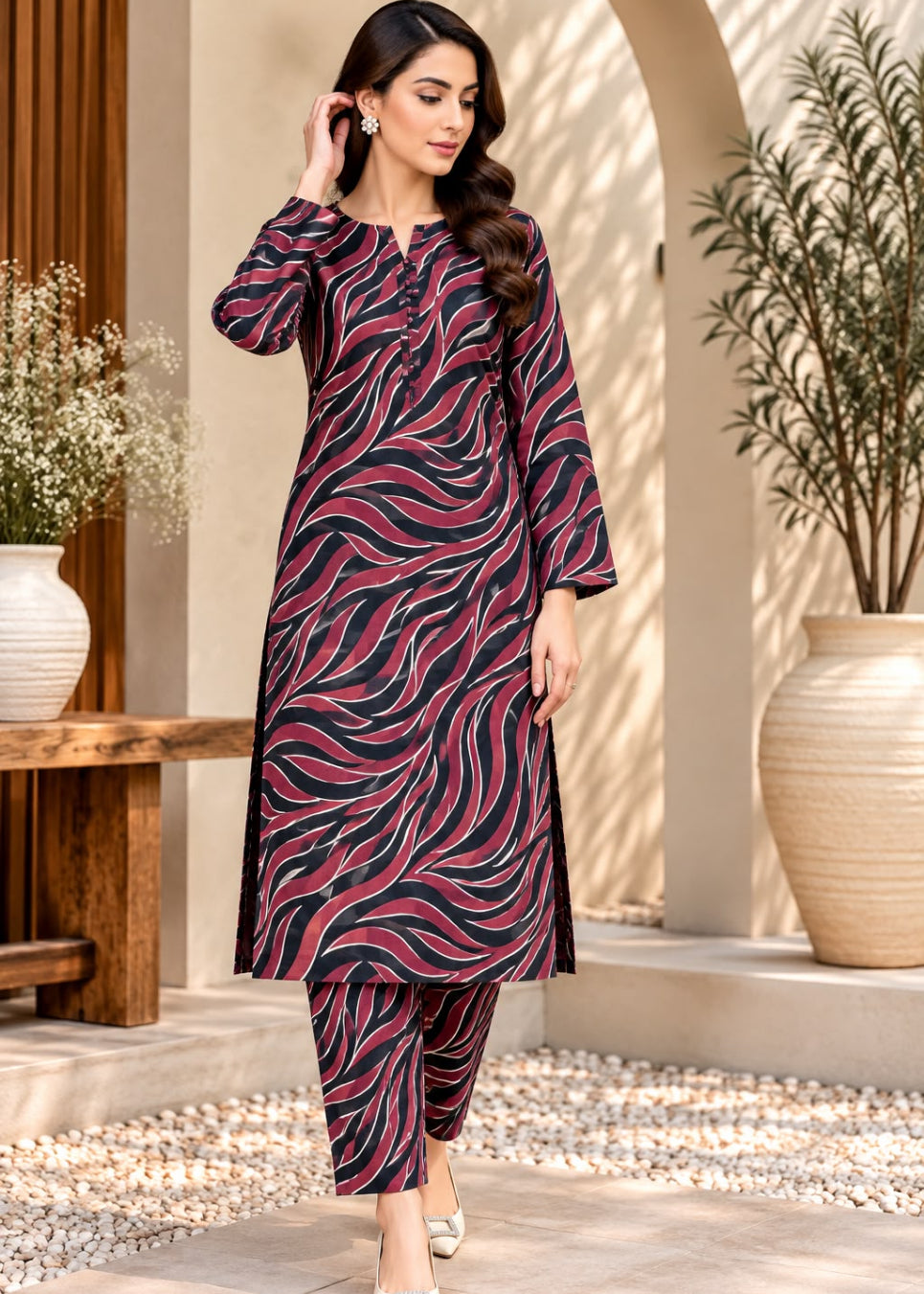 A woman models a three-piece Indian ethnic suit set featuring a long kurta, pants, and a dupatta with a wavy abstract pattern in black, red, and pink, set against a modern architectural background with potted plants.