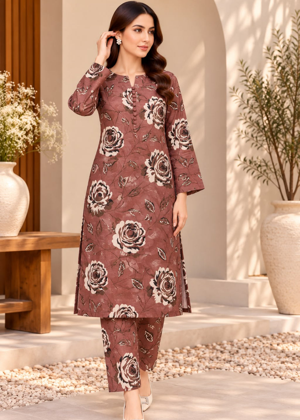 A woman models a three-piece salwar kameez suit in a warm brownish-rose color with a large floral print. The set includes a long kurta, matching trousers, and a subtle matching inner top.