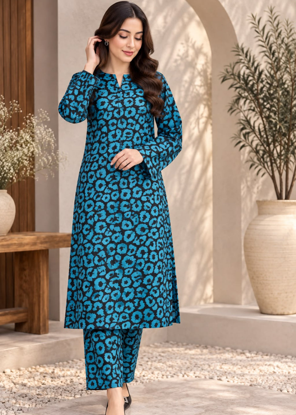 A woman modeling a teal blue and black leopard-print kurta set with matching pants, standing in a styled outdoor courtyard setting.