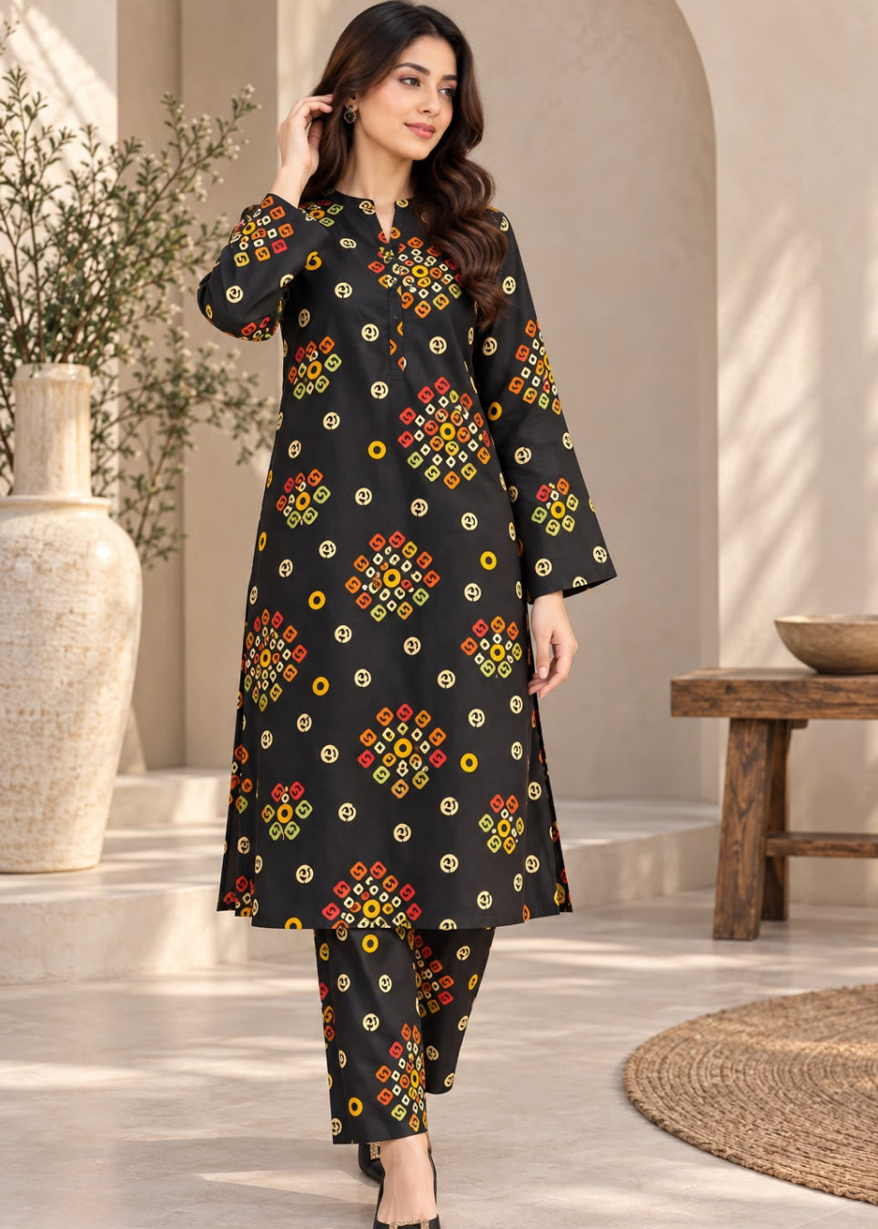 A woman models a black three-piece salwar kameez suit with colorful floral prints, set against a warm, neutral-toned architectural background with a large vase and wooden stool.