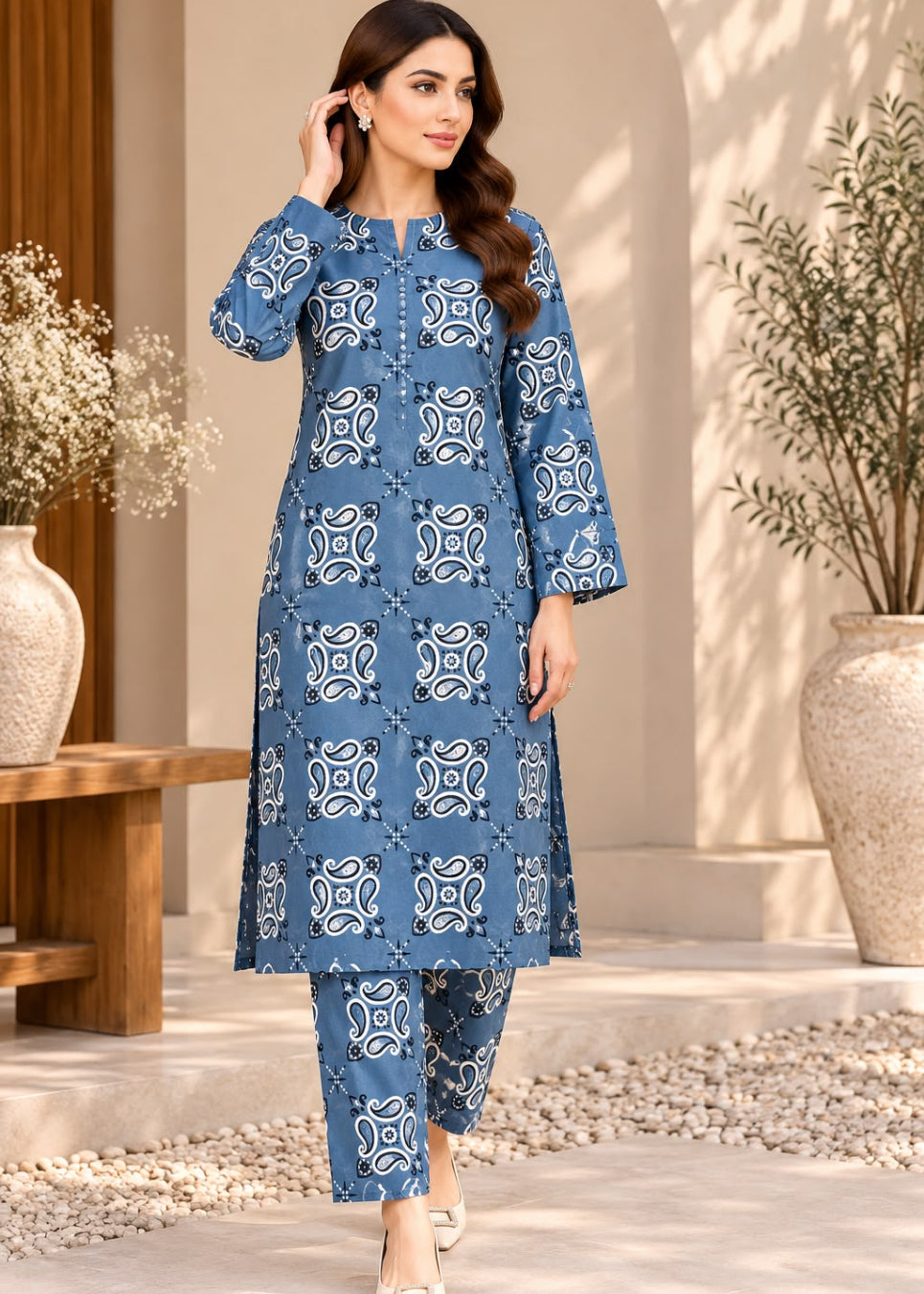 A woman models a blue three-piece kurta set with white geometric patterns, consisting of a long tunic, matching pants, and a folded top, set against a warm, sunlit architectural background.