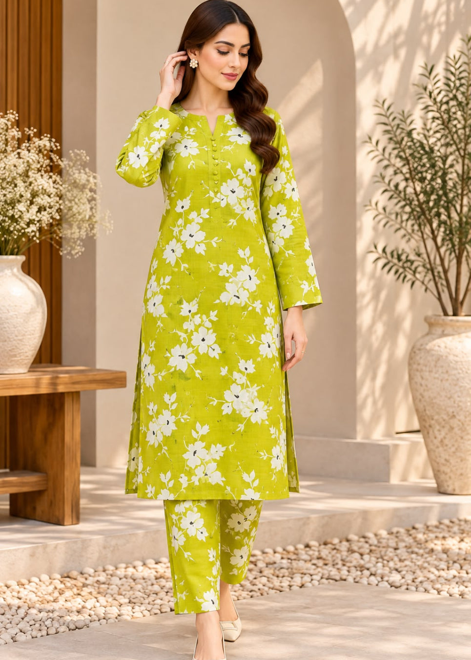 A woman models a lime green three-piece kurta set with a white floral print, consisting of a long-sleeve kurta, matching pants, and a dupatta, set against a warm, sunlit architectural background.