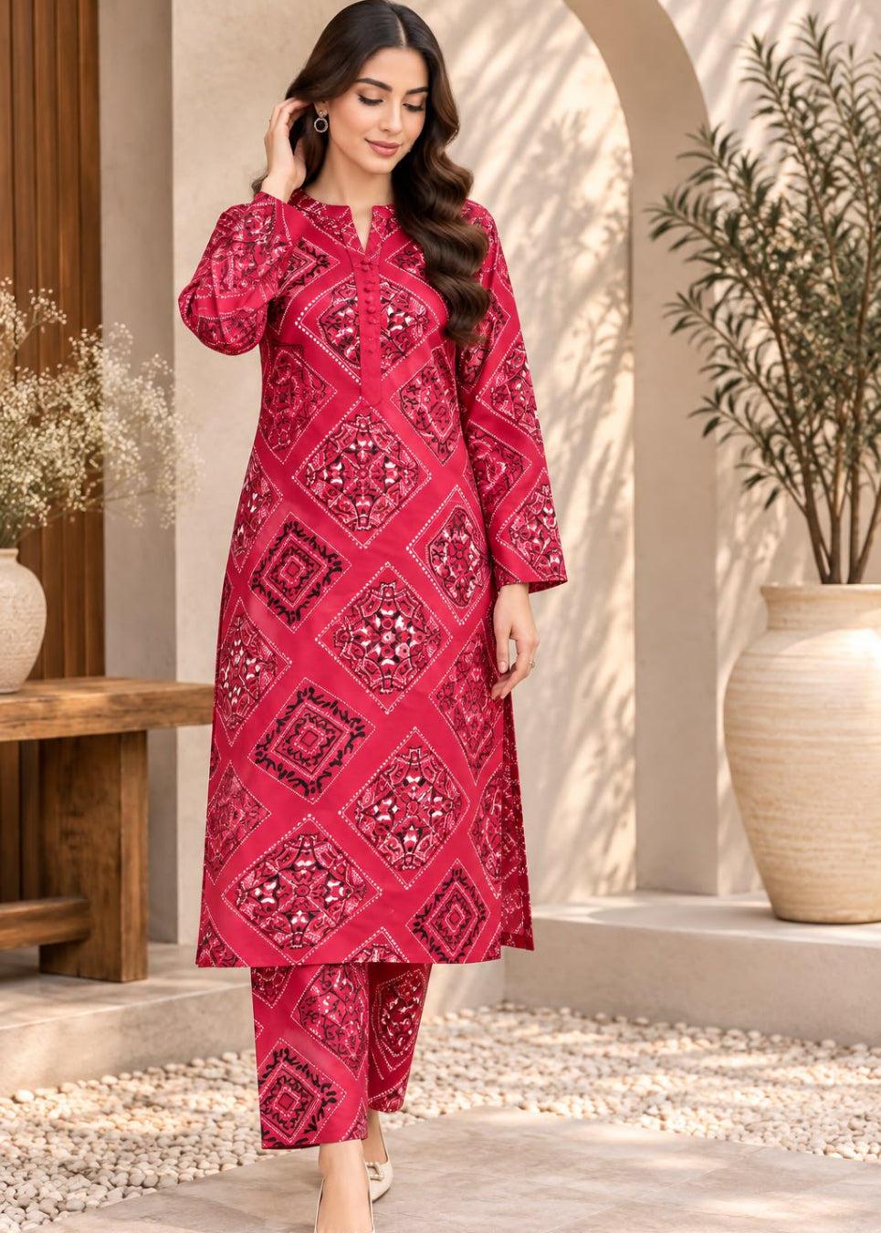 A woman modeling a bright pink and red printed kurta set with matching pants in an outdoor patio setting with beige walls and potted plants.
