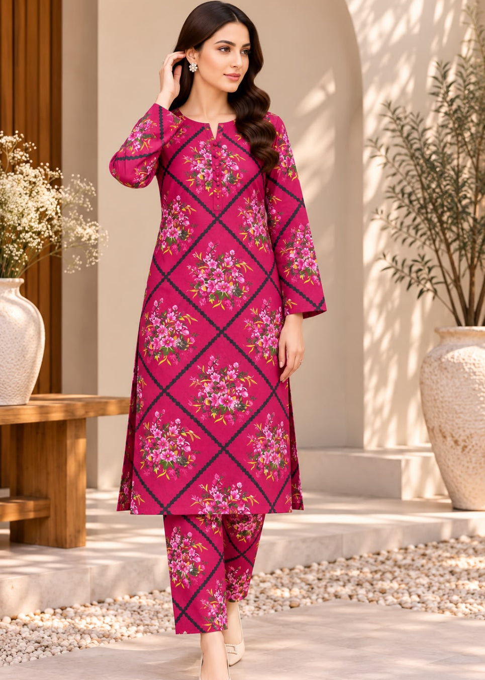 A woman modeling a bright pink traditional kurta set with a black diamond lattice pattern and pink floral motifs, set against a warm beige outdoor architectural background.