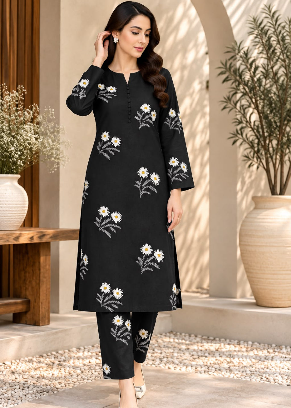 A woman models a black kurta set with white and yellow floral embroidery, consisting of a long-sleeve kurta and matching pants, in an outdoor patio setting with arches and potted plants.