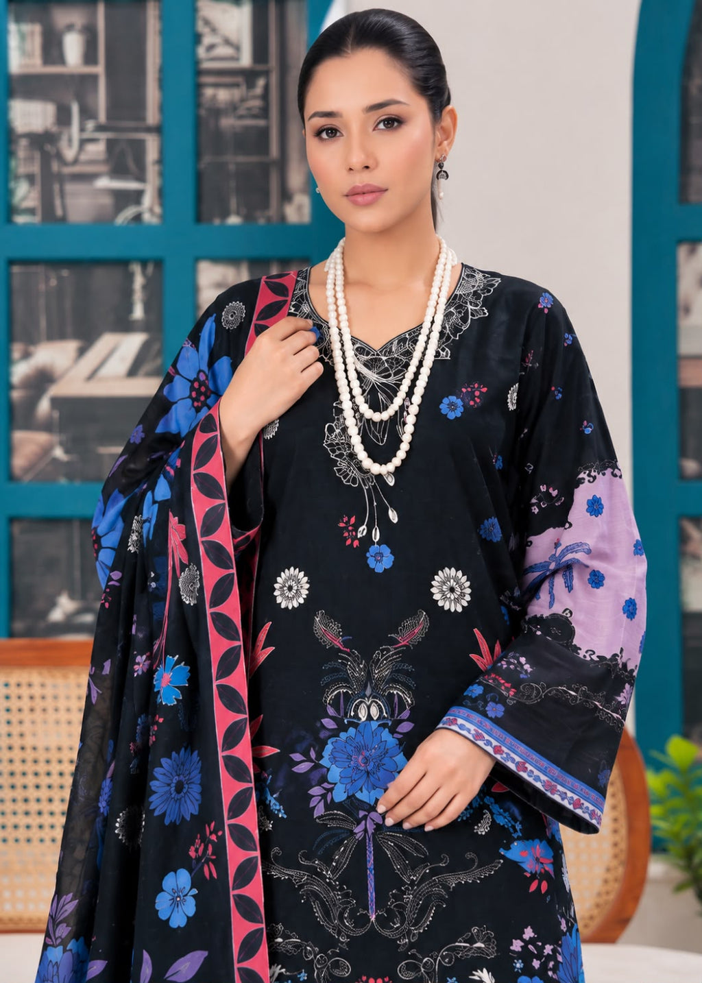 A woman models a black three-piece ethnic suit with vibrant blue, pink, and purple floral embroidery and a matching dupatta, styled with white pearl necklaces.