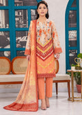 A woman models a traditional three-piece salwar kameez suit in a studio setting. The set features a beige kurta with orange, red, and yellow floral prints and chevron embroidery, paired with matching orange trousers and a sheer orange dupatta with a red border.