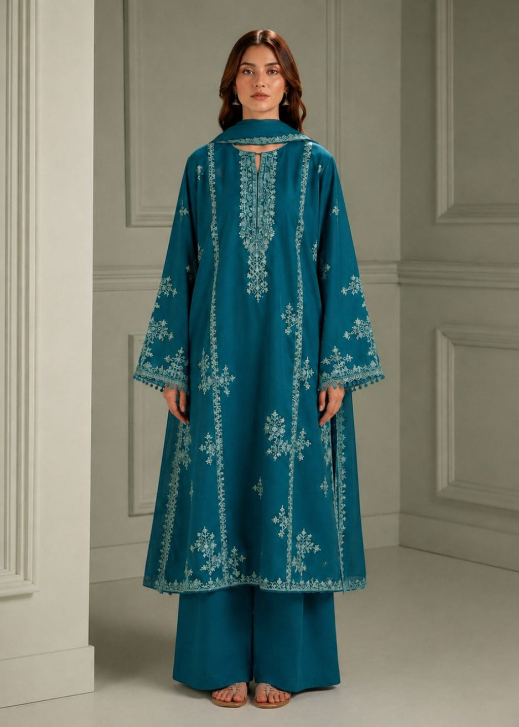 A woman stands indoors wearing a teal embroidered tunic with matching wide-leg pants and a coordinating scarf. The tunic has white floral embroidery and a keyhole cutout at the collar.