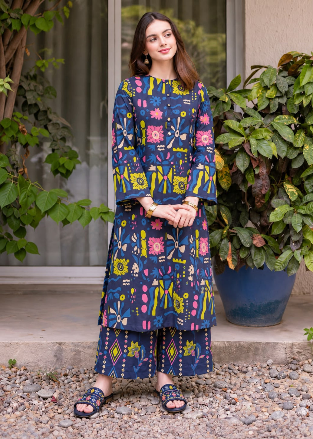 A woman stands outdoors in front of a window and potted plants, wearing a navy blue printed kurta and matching wide-leg pants with colorful floral and geometric motifs in pink, yellow, and green.