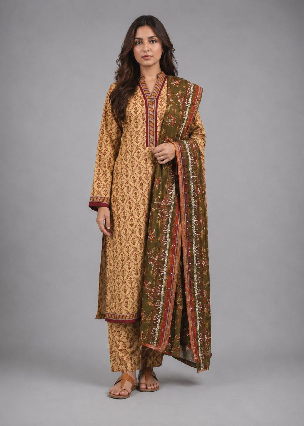 A woman modeling a traditional Indian salwar kameez suit set in beige and brown with intricate block prints and a matching dupatta, photographed against a solid gray studio background.