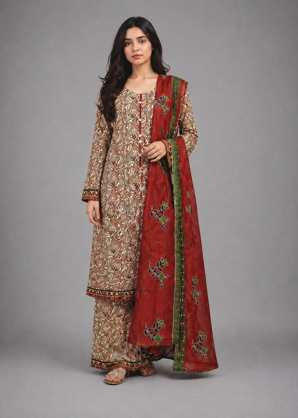 A woman modeling a traditional South Asian salwar kameez set. The outfit features a beige and brown floral-patterned kurta and matching trousers, paired with a deep red dupatta decorated with green borders and floral embroidery.