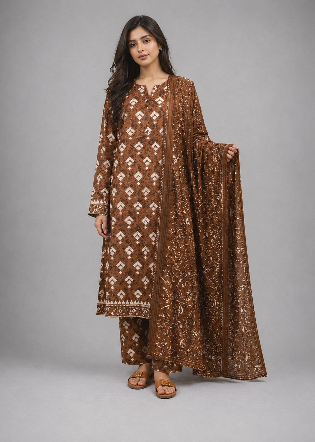 A woman modeling a traditional brown salwar kameez suit with intricate white and gold geometric patterns, paired with matching patterned pants and a dupatta, against a solid gray studio background.