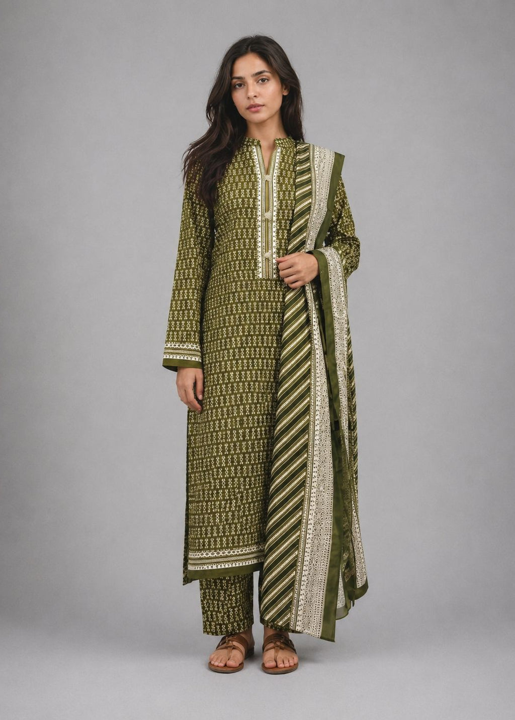 A woman modeling a three-piece olive green and beige printed ethnic suit with a matching dupatta, standing against a neutral gray studio background.