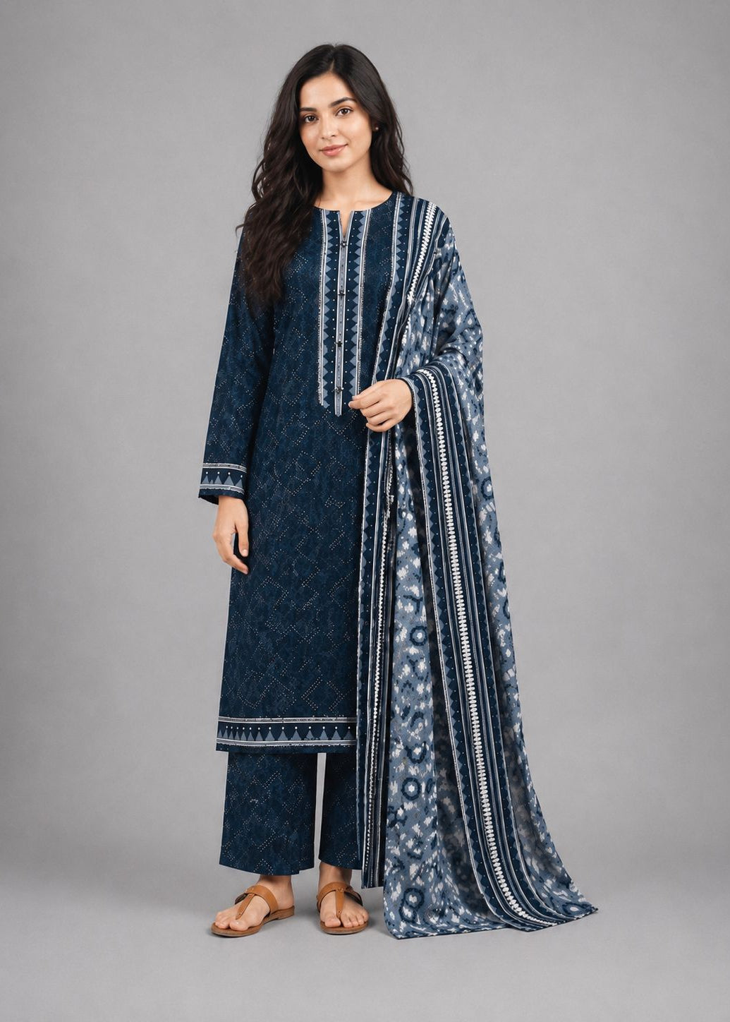 A woman modeling a dark blue printed salwar kameez suit with matching trousers and a patterned dupatta, set against a solid gray studio background.