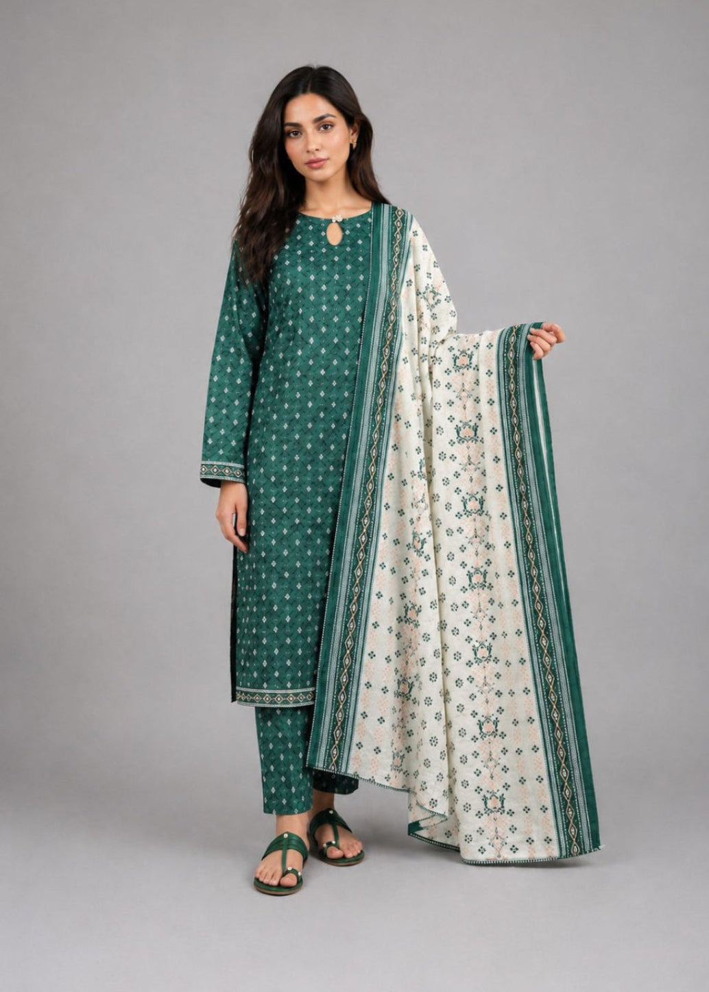 A woman modeling a green three-piece salwar kameez suit with white printed motifs and a matching white dupatta featuring green borders and prints, set against a solid gray studio background.