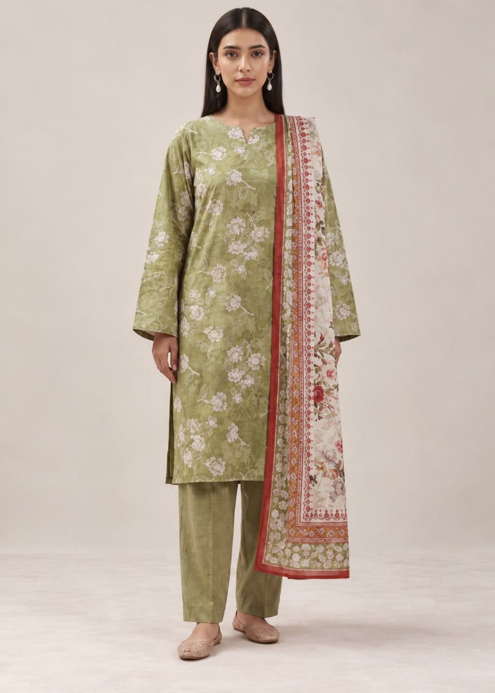 A woman modeling a traditional three-piece salwar kameez suit in sage green. The kurta features white floral embroidery, paired with matching green trousers and a beige dupatta with a red border and floral print.
