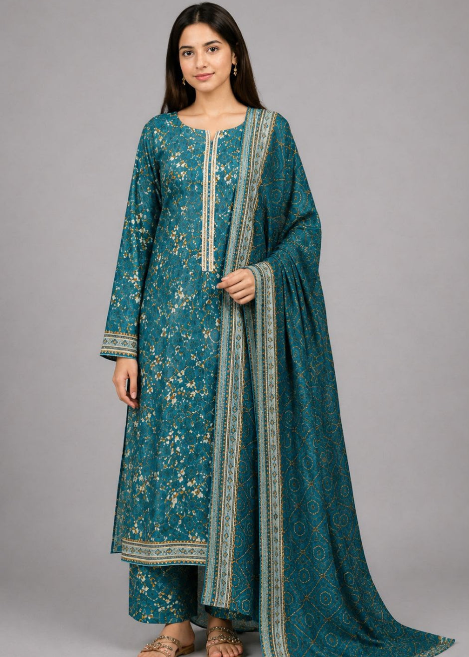 A woman modeling a teal blue ethnic suit with intricate gold floral embroidery, a matching dupatta, and gold sandals, set against a solid gray studio background.