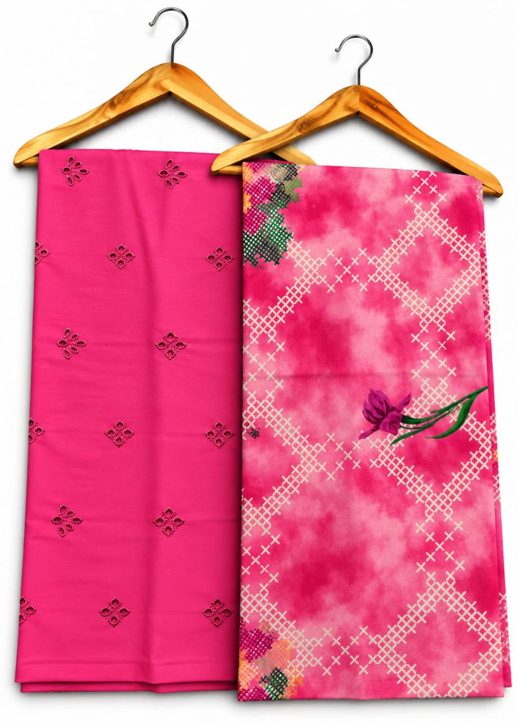 A pair of folded pink fabric garments or dupattas hanging on wooden hangers against a white background. The left piece is solid bright pink with small embroidered motifs, and the right piece is a pink and white patterned fabric with a floral print.