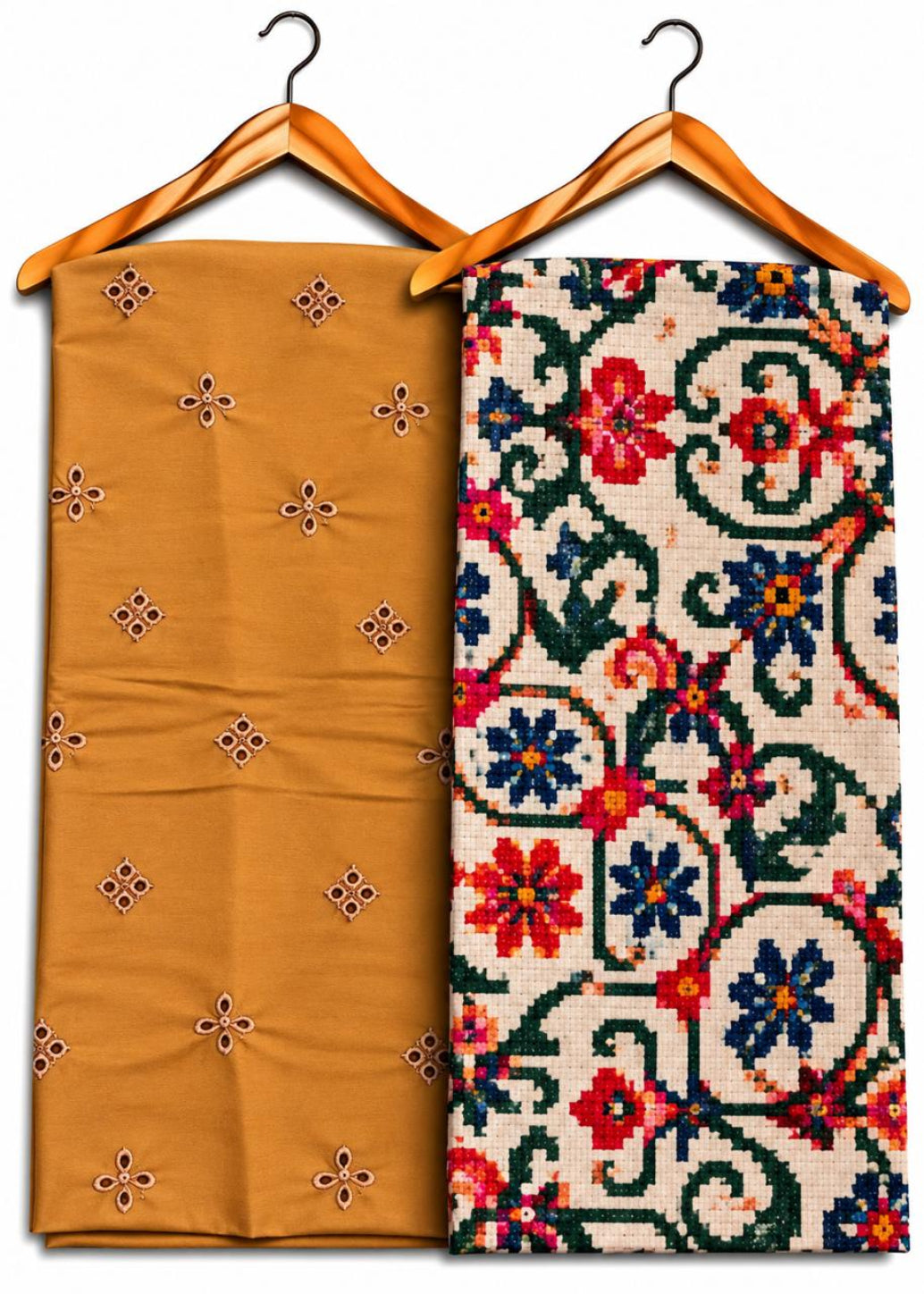 Two folded patterned textiles hanging on wooden hangers against a white background. The left textile is a warm mustard yellow with small embroidered floral motifs.