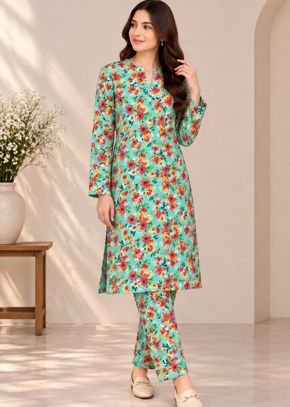 A woman models a two-piece floral printed kurta and trouser set. The outfit features a mint green base with a vibrant pattern of red, orange, and yellow flowers with green leaves.