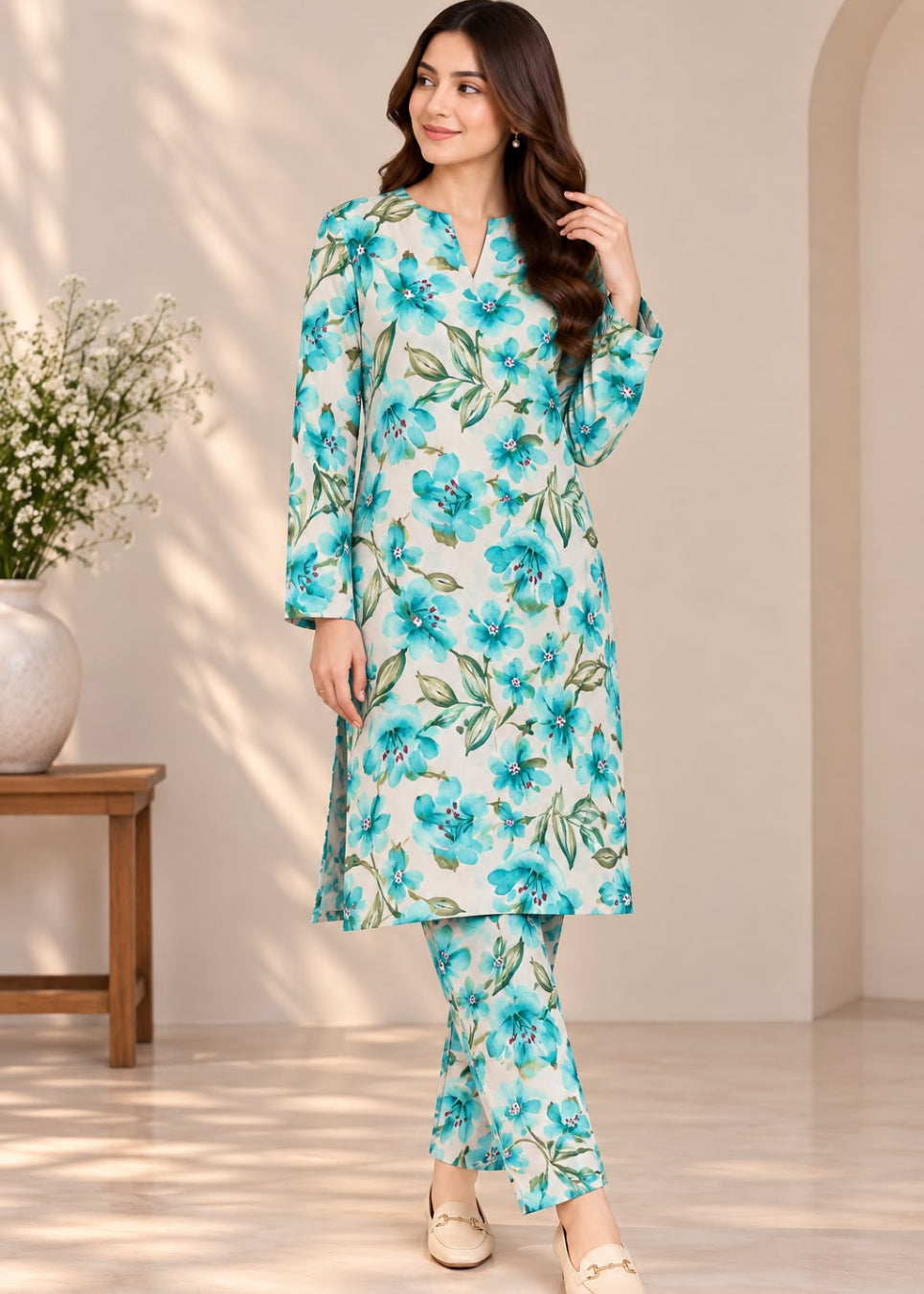 A woman models a two-piece floral print kurta and trouser set. The outfit features a light blue and turquoise floral pattern on a cream-colored base, with green leafy accents.