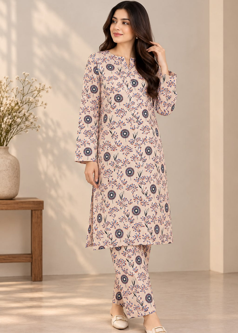 A woman models a two-piece printed kurta and trouser set in a warm, neutral indoor setting. The outfit features a light beige base with a repeating pattern of dark blue and purple circular medallions and floral motifs.