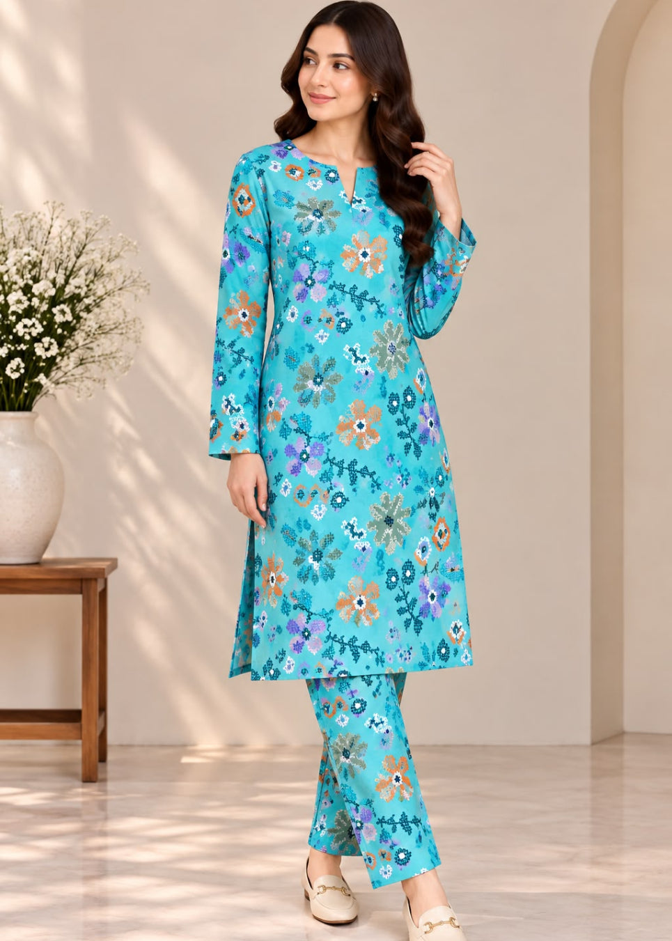 A woman modeling a turquoise blue floral printed kurta set with matching pants in a warm, sunlit indoor setting.