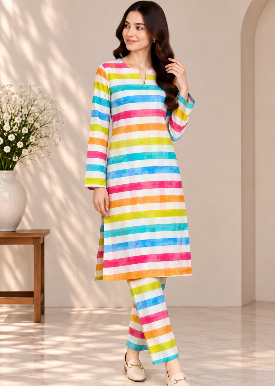 A woman modeling a long-sleeve kurta and matching pants set with vibrant, multicolored horizontal stripes in pink, blue, yellow, green, orange, and white, set against a warm beige interior background.