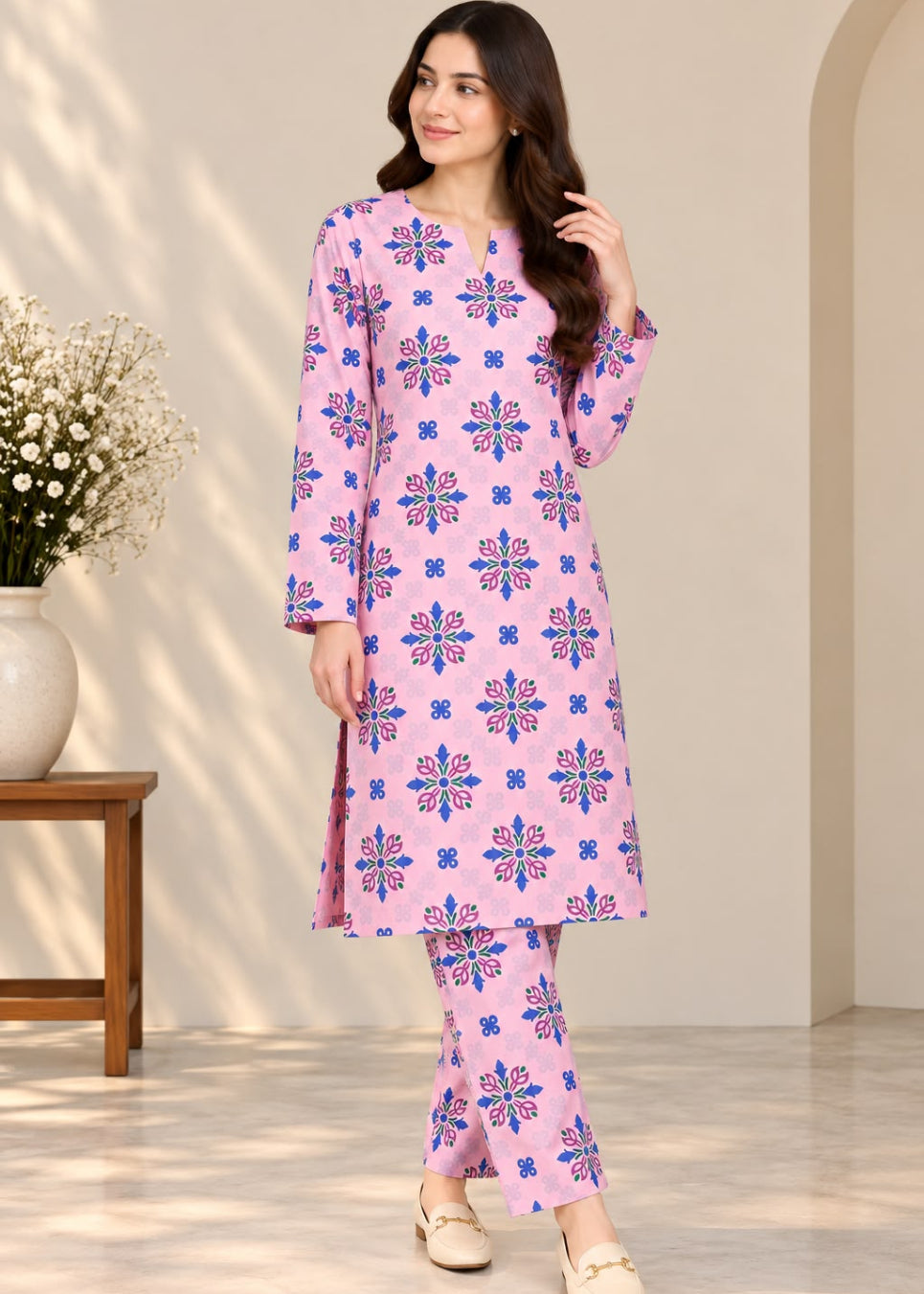 A woman modeling a light pink kurta set with blue and purple floral patterns, paired with matching pants and beige shoes, in a warm-toned indoor setting.