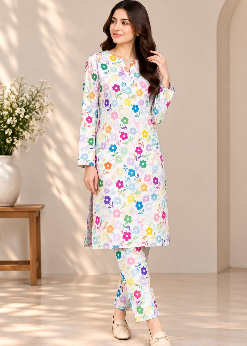 A woman modeling a white long kurta and matching pants set with a colorful floral print, standing in a brightly lit indoor setting with beige walls and floor.