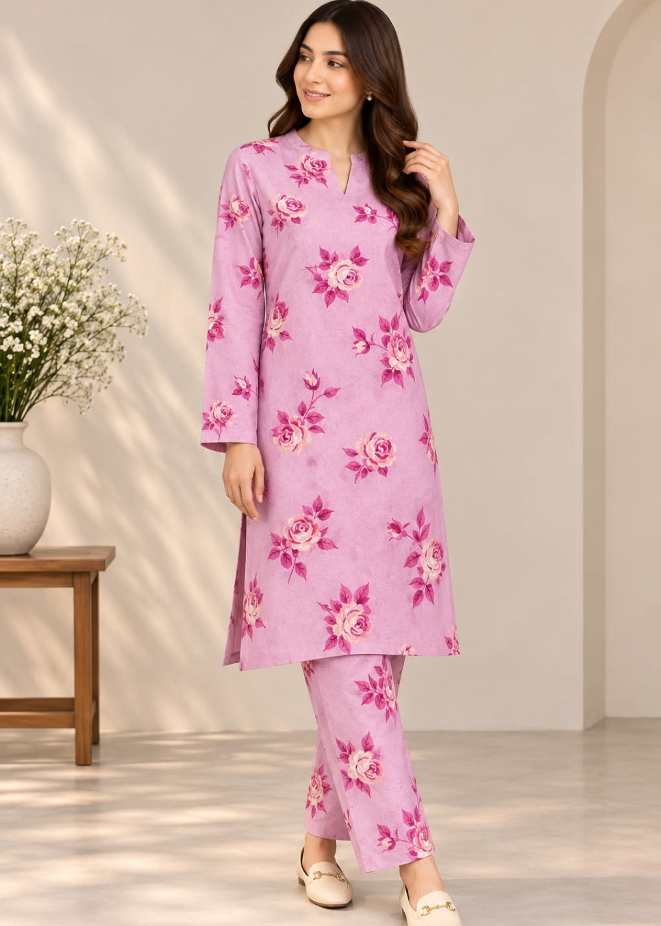 A woman modeling a pink floral kurta and matching trouser set in a bright, modern room with a wooden side table and white flowers on the left.