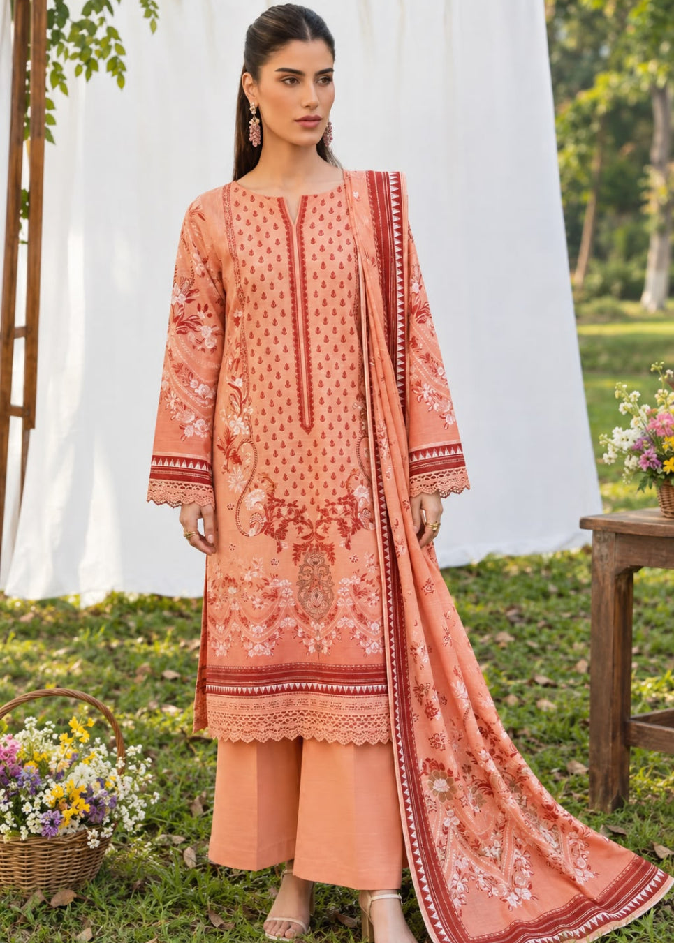 A woman modeling a peach-colored traditional three-piece suit set with intricate red and white embroidery, featuring a kurta, wide-leg pants, and a matching dupatta, set against an outdoor garden backdrop with a white drape.