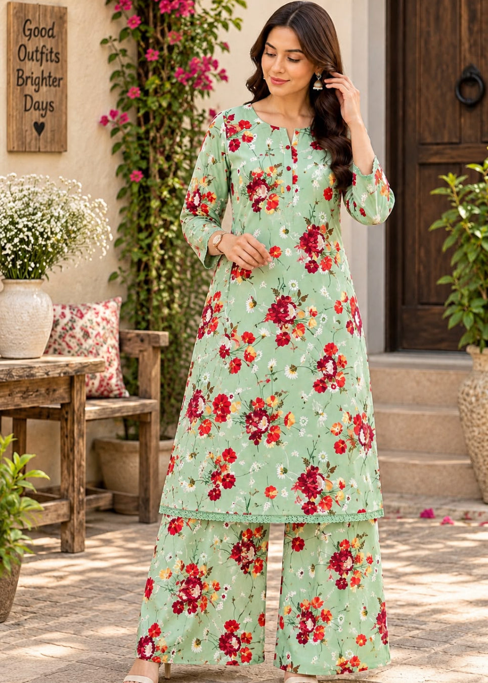 A woman models a light green three-piece floral salwar kameez suit with matching wide-leg pants in an outdoor patio setting. The suit features a red, orange, and white floral pattern.