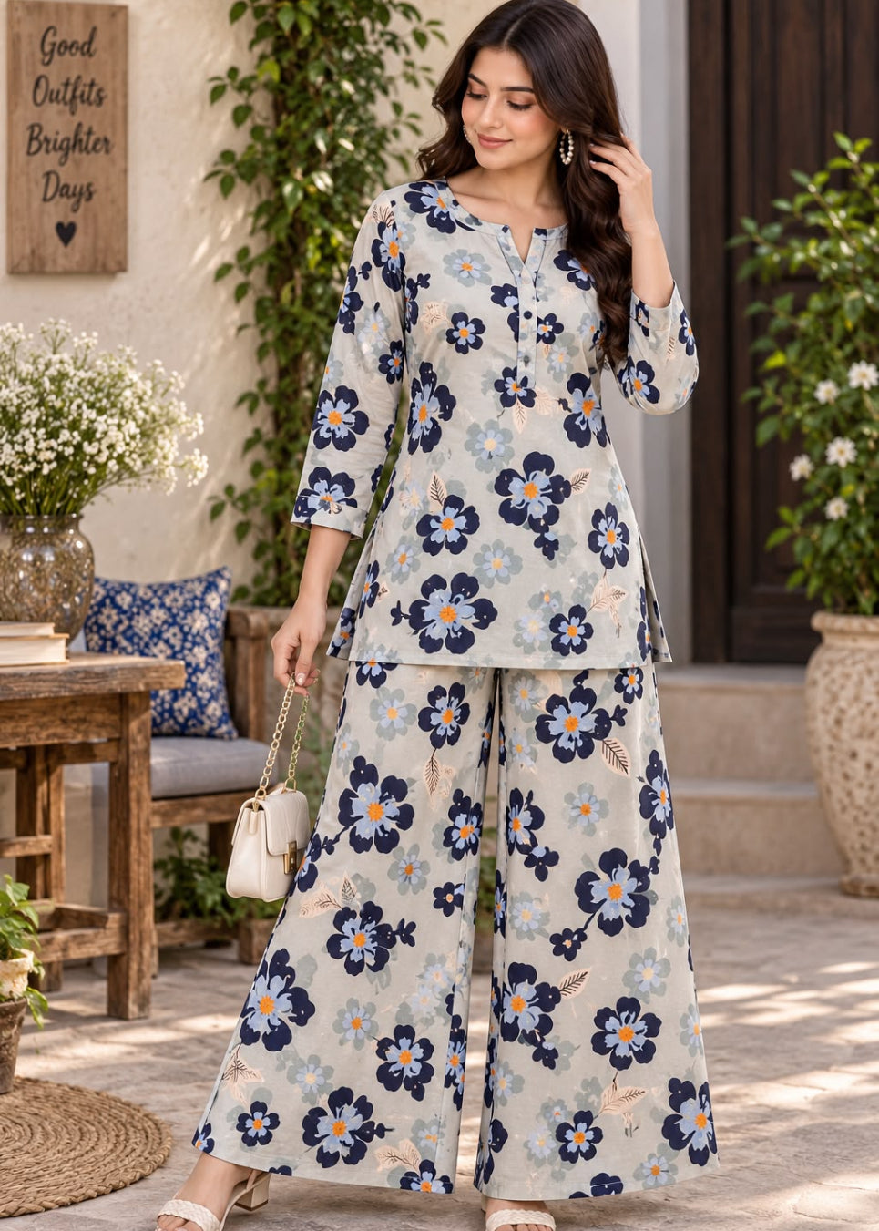 A woman models a two-piece floral print kurta and wide-leg trouser set in a styled outdoor patio setting. The set features a light beige base with navy blue and white floral motifs, accented with small yellow centers.