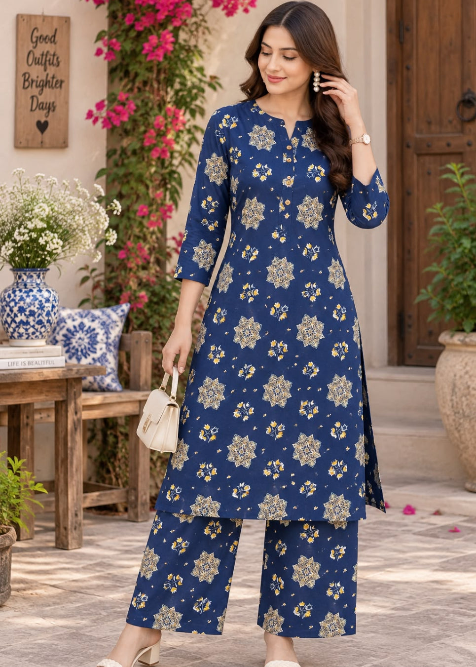 A woman models a navy blue three-piece kurta set with beige and white floral patterns, standing in a beautifully decorated outdoor patio setting with potted plants and wooden furniture.