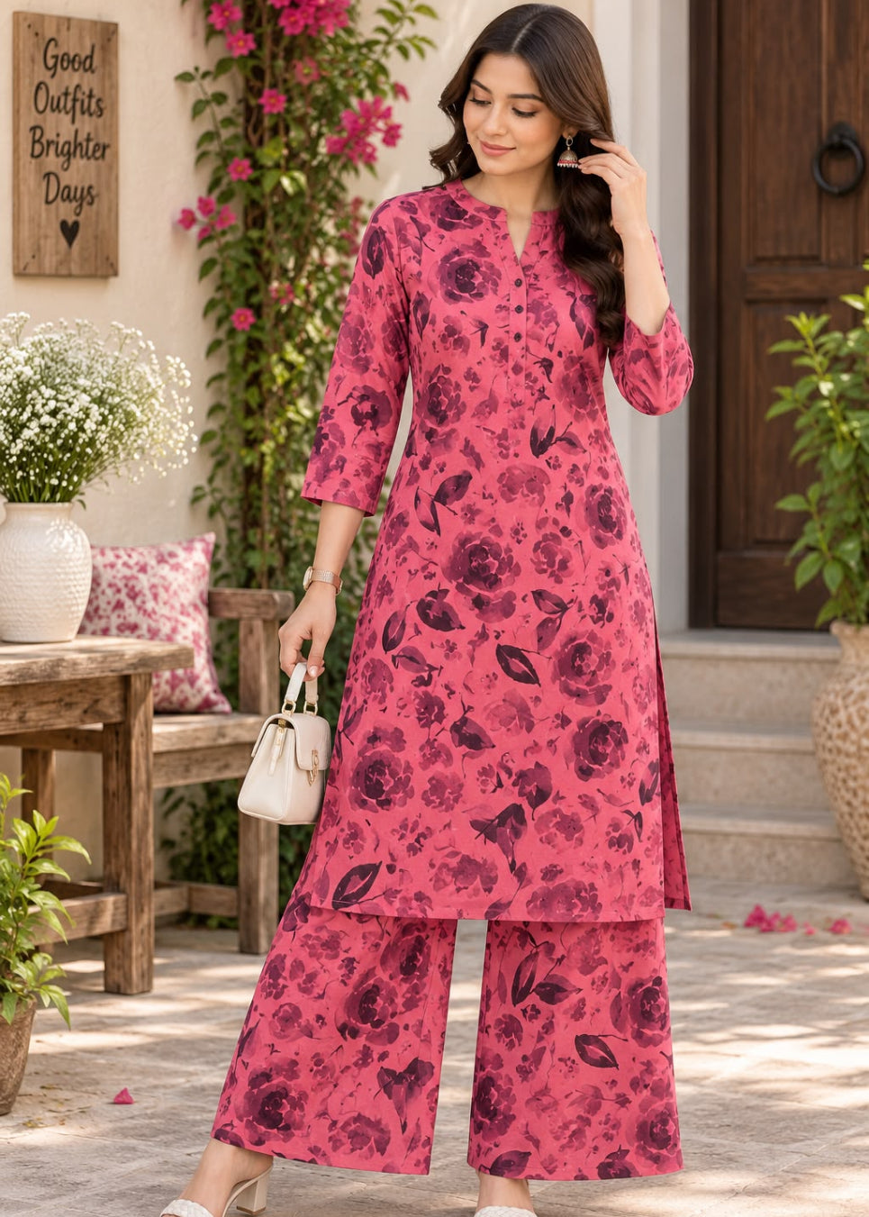 A woman models a three-piece pink floral kurta set with matching wide-leg pants and a small white handbag, standing in a garden courtyard setting.