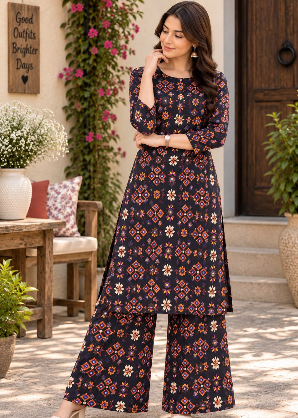 A woman models a dark navy blue three-piece kurta set with a colorful geometric and floral print, featuring a long kurta, wide-leg pants, and a matching belt, set against an outdoor patio backdrop.