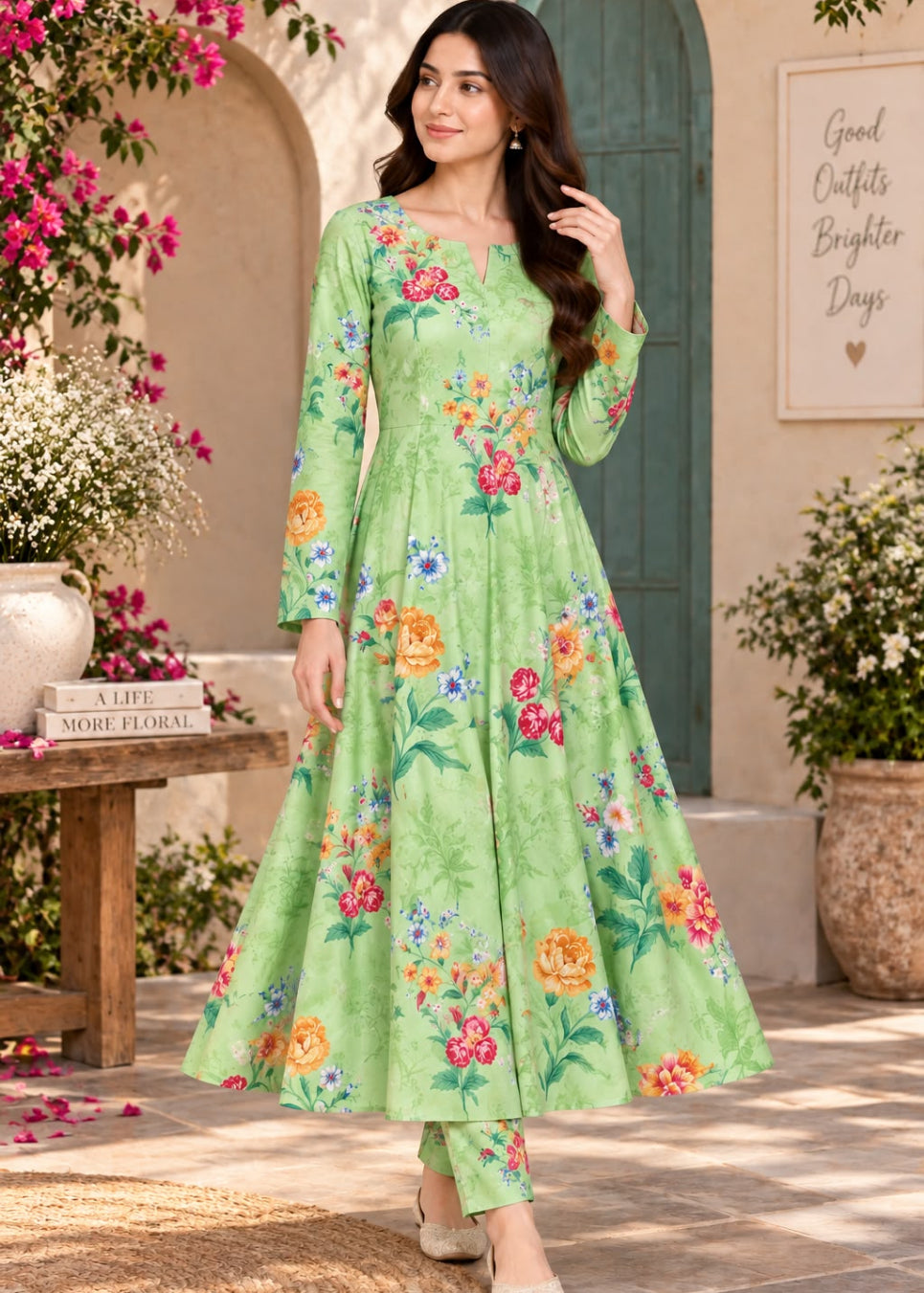 A woman models a light green long-sleeve A-line kurta with a colorful floral print, set against a warm, rustic courtyard backdrop with potted plants and a wooden bench.