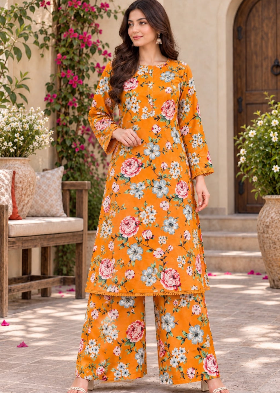 A woman models a bright orange floral print kurta and wide-leg pants set in an outdoor courtyard setting with stone flooring, potted plants, and a wooden door in the background.
