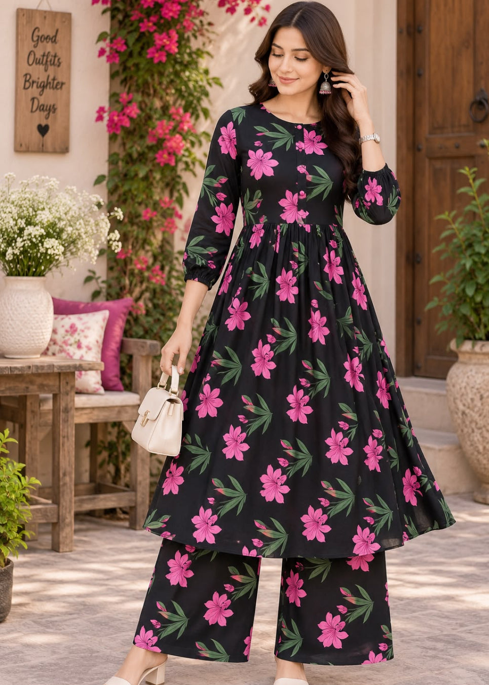 A woman models a black three-piece kurta set with a vibrant pink and green floral print, standing in a beautifully decorated outdoor patio setting.