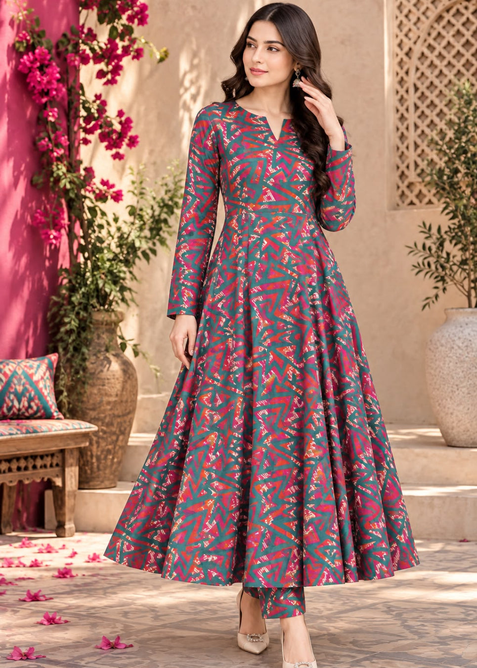 A woman models a long-sleeved, floor-length printed kurta in a traditional courtyard setting. The kurta features a multicolor floral pattern with pink, orange, and green on a dark teal base.