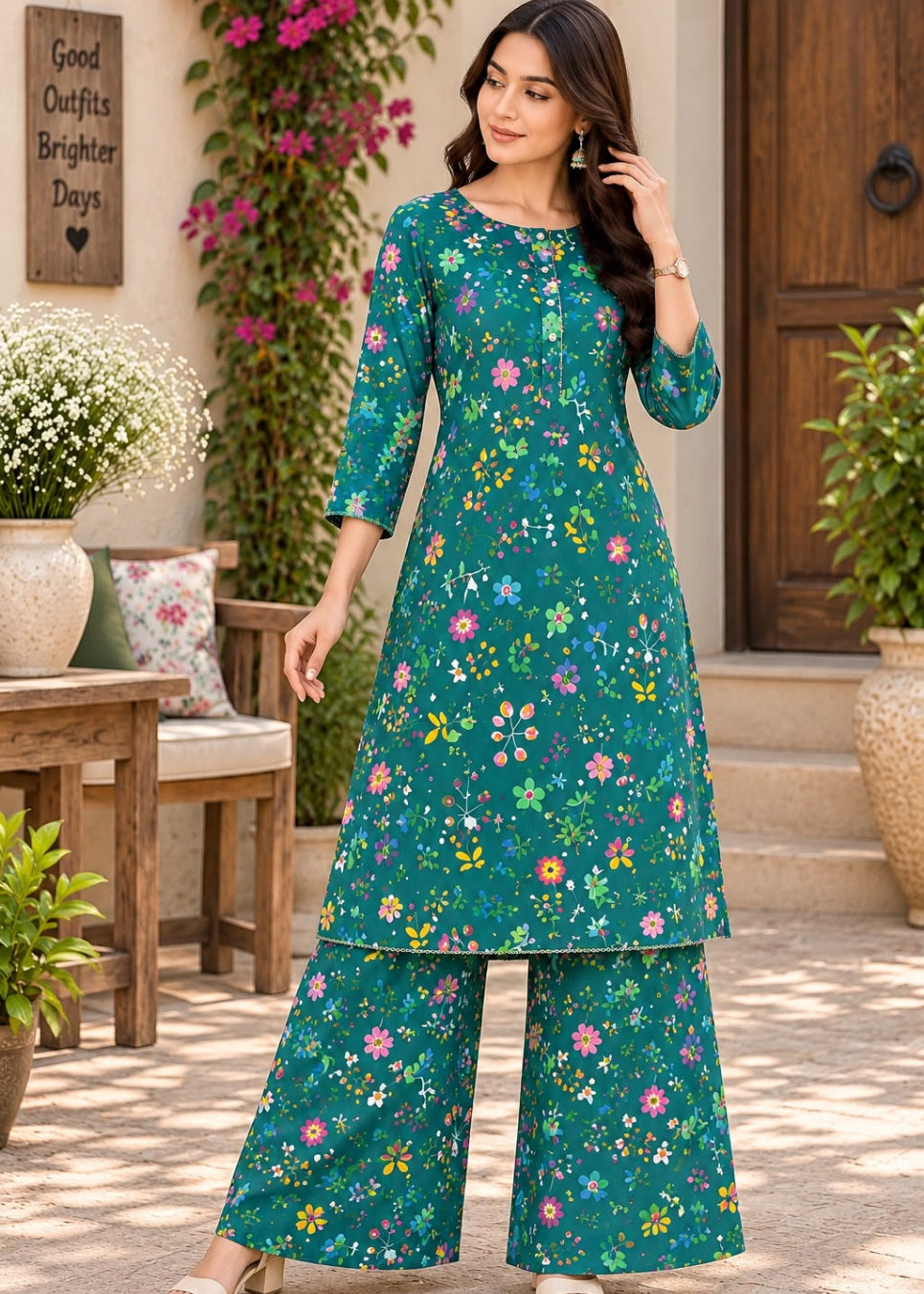 A woman models a teal green three-piece kurta set with a colorful floral print, featuring a long kurta, wide-leg pants, and three-quarter sleeves, set against a warm, sunlit courtyard background.