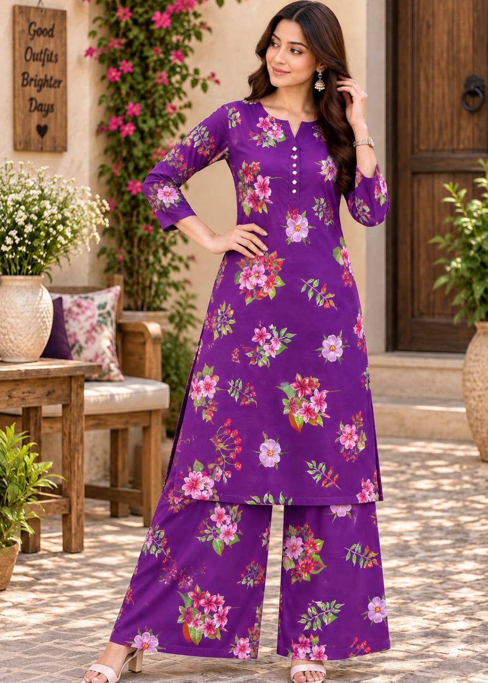 A woman models a purple three-piece salwar kameez suit with a colorful floral print, featuring a long-sleeve kurta, matching wide-leg trousers, and a coordinating belt, set against an outdoor patio backdrop.